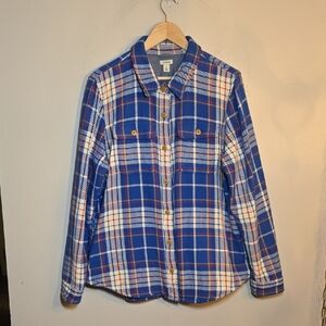 L.L. Bean Blue Plaid Button Front Knit Cotton Pocket Shirt Shacket NWOT